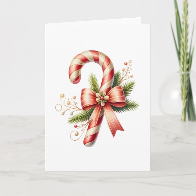 Cartão Elegant Candy Cane with Red Bow and Pine Sprigs (Frente)