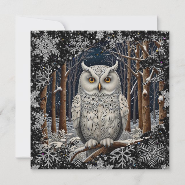 Cartão Elegant Christmas white owl woodland winter forest (Frente)