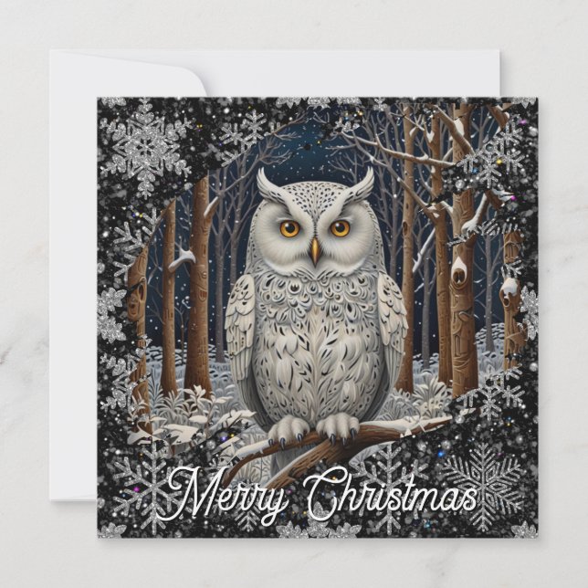 Cartão Elegant Christmas white owl woodland winter forest (Frente)
