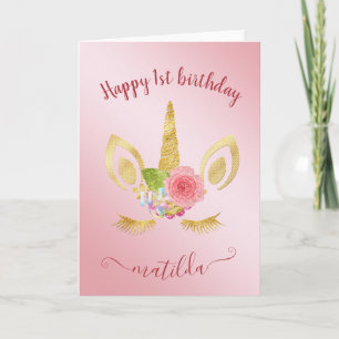 Cartão Elegant cute first birthday gold glitter unicorn