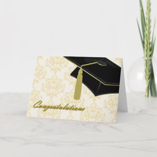 Cartão Elegant Damask & Mortarboard Graduation Card (Frente)
