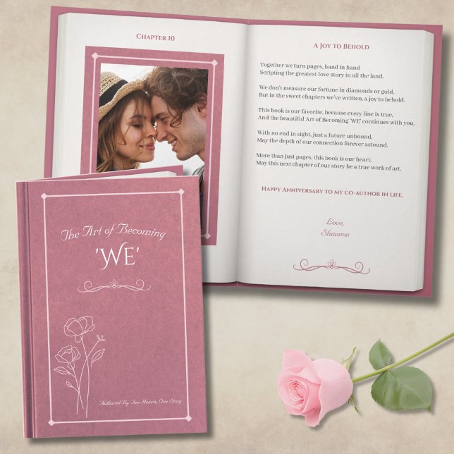 Cartão Elegant Dusty Rose Storybook Photo Anniversary (Celebrate your unique love story with an exquisite anniversary card)