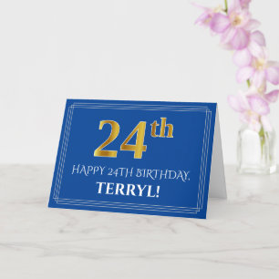 Cartão Elegant Faux Gold Look 24th Birthday, Name (Blue)