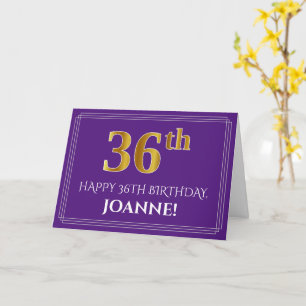 Cartão Elegant Faux Gold Look 36th Birthday, Name; Purple