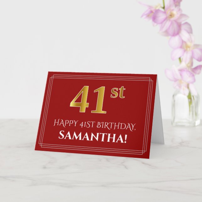 Cartão Elegant Faux Gold Look "41st" Birthday, Name (Red) (Orquídea)