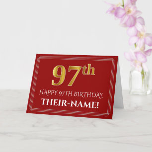 Cartão Elegant Faux Gold Look "97th" Birthday, Name (Red)