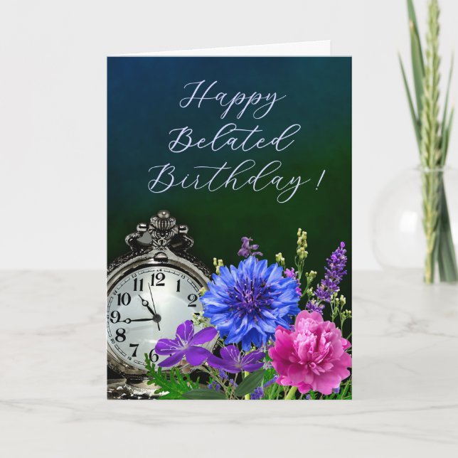 Cartão Elegant Floral Clock Belated Birthday Card (Frente)