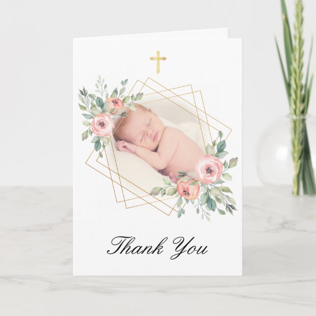 Cartão Elegant Floral Gold And Peach  Baptism Thank You (Frente)