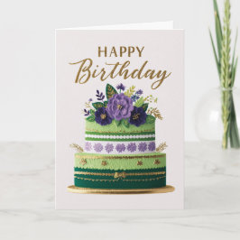 Cartão Elegant Floral Green Purple Gold Birthday Cake