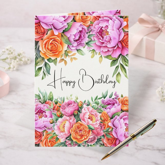 Cartão Elegant Floral Happy Birthday Card | Pink Peonies  (Criador carregado)