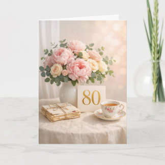 Cartão Elegant Gold “80” Floral Tea Party 80th Birthday