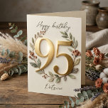 Cartão Elegant Gold Number Botanical Wreath 95th Birthday<br><div class="desc">Celebrate a beautiful milestone with this elegant 95th birthday greeting card. Featuring stunning gold typography for the number 95 surrounded by a delicate watercolor floral wreath in soft peach and sage green tones, this sophisticated design is perfect for a mother, grandmother, or dear friend. The warm cream background adds a...</div>
