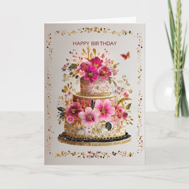 Cartão Elegant Gold & Pink Birthday Cake Card (Frente)