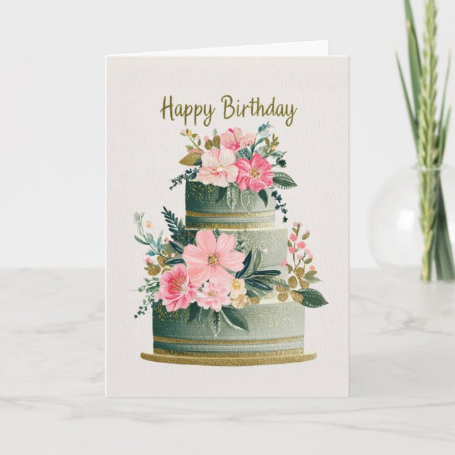 Cartão Elegant Gold, Pink & Green Floral Birthday Cake (Frente)