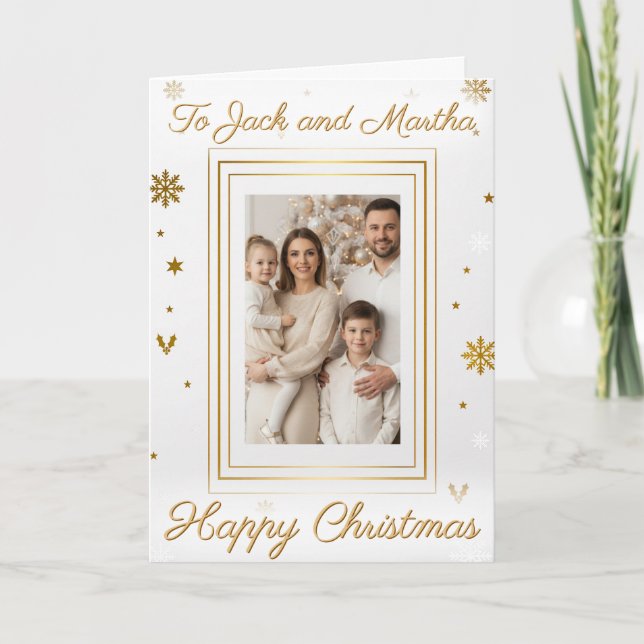 Cartão Elegant Gold & White Family Photo Christmas Card (Frente)