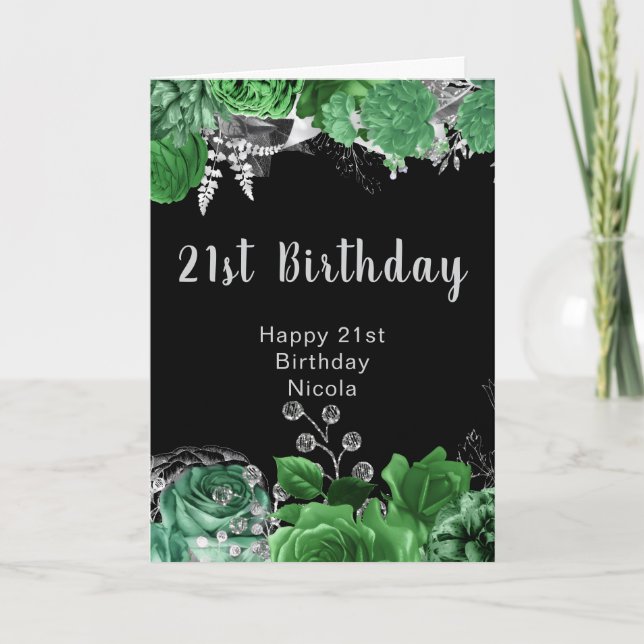 Cartão Elegant Green and Silver Flowers Birthday Party  (Frente)