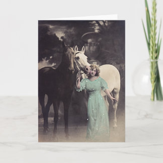 Cartão Elegant Lady in a Green Dress with Two Horses