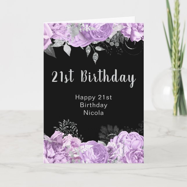 Cartão Elegant Lilac and Silver Flowers Birthday Party  (Frente)