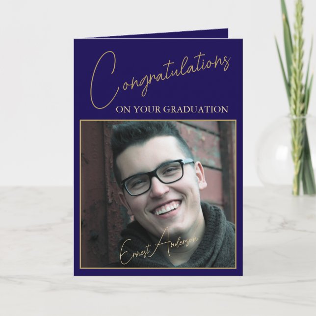 Cartão Elegant Midnight Blue Graduation Photo Card (Frente)
