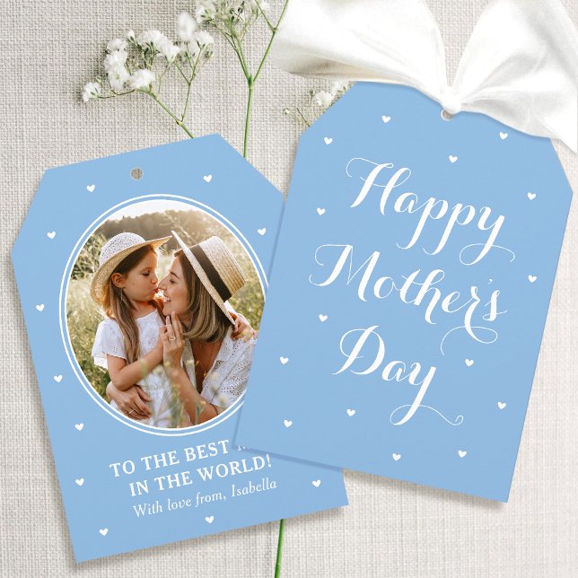 Cartão Elegant Mother's Day Photo Script Blue White (Criador carregado)