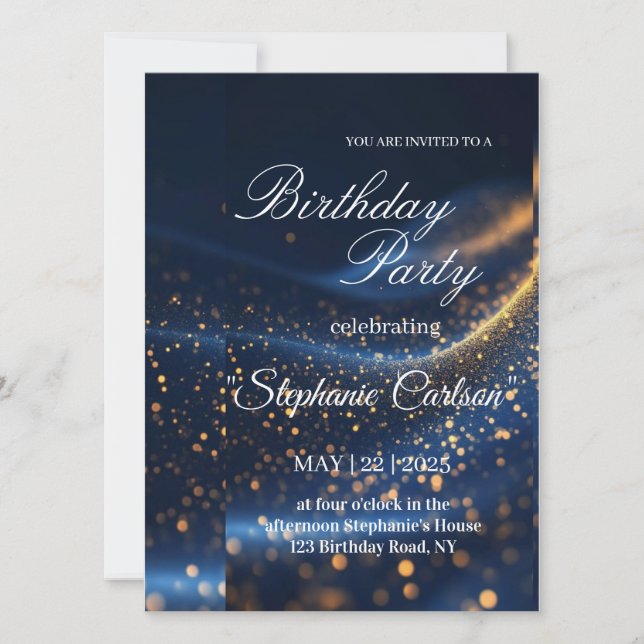 Cartão Elegant Navy Blue & Gold Birthday Party Invitation (Frente)