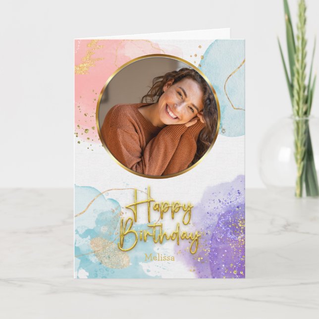 Cartão Elegant Pastel Gold Script Circle Photo Birthday (Frente)