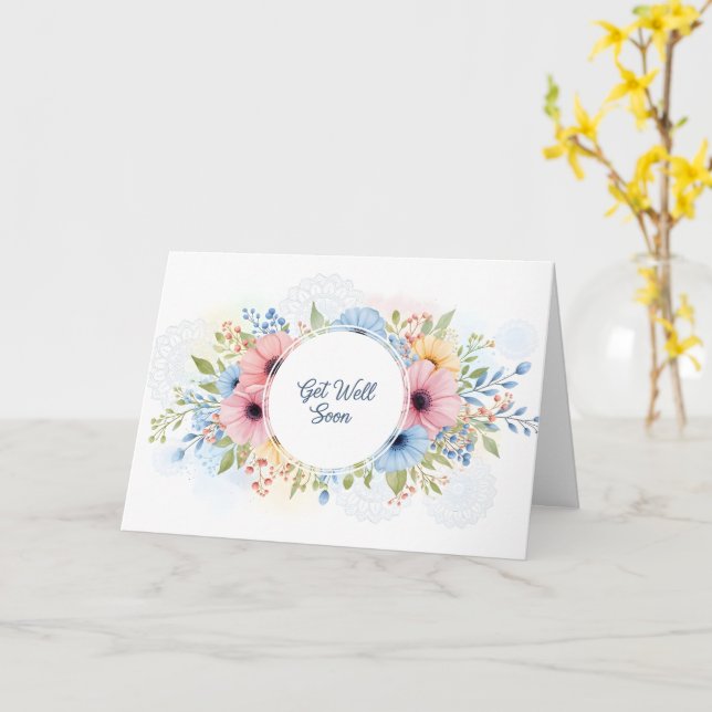Cartão Elegant Pastel Watercolor Floral "Get Well Soon"  (Flor Amarela)
