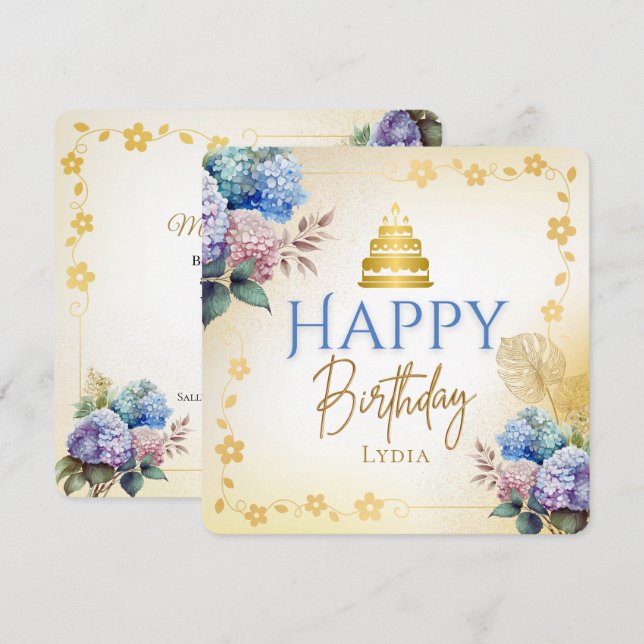 Cartão Elegant Personalized Hydrangea Flat Birthday (Frente/Verso)