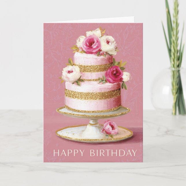 Cartão Elegant Pink And Gold Floral Birthday Cake (Frente)