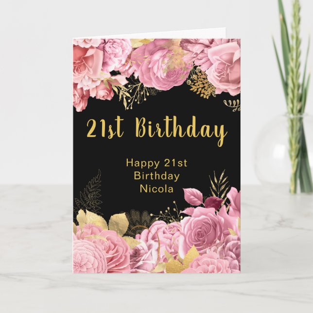 Cartão Elegant Pink and Gold Flowers Birthday (Frente)