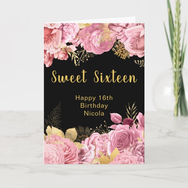Cartão Elegant Pink and Gold Flowers Sweet Sixteen (Frente)