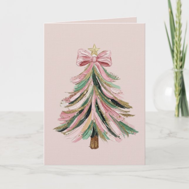 Cartão Elegant Pink and Green Brushstroke Christmas Tree  (Frente)