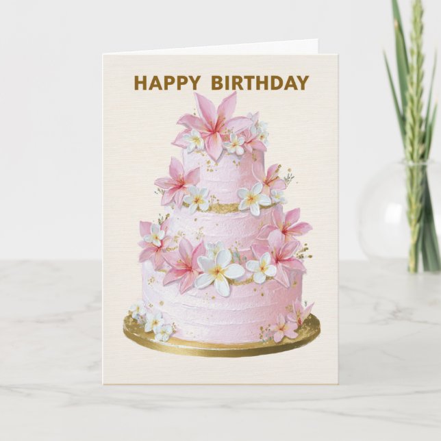 Cartão Elegant Pink and White Floral Cake Birthday Card (Frente)