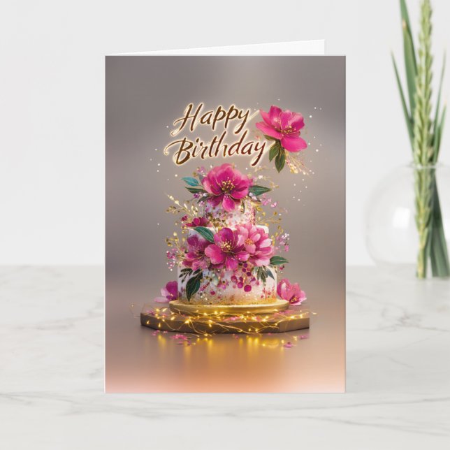 Cartão Elegant Pink & Gold Floral Birthday Cake (Frente)
