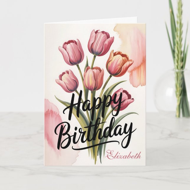 Cartão Elegant Pink Tulip Floral Birthday (Frente)