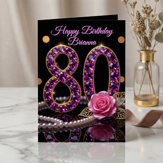 Cartão Elegant Purple Amethyst Jewel Gold 80th Birthday (Criador carregado)