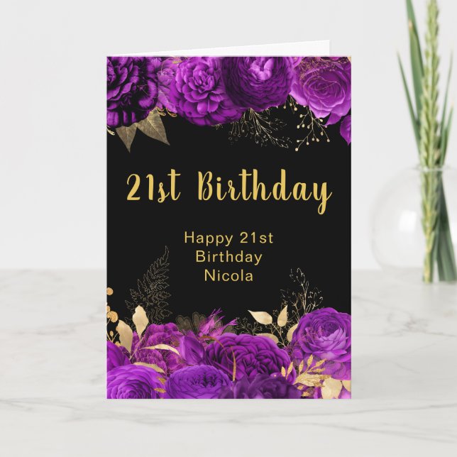 Cartão Elegant Purple and Gold Flowers Birthday (Frente)