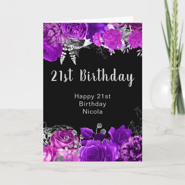 Cartão Elegant Purple and Silver Flowers Birthday  (Frente)
