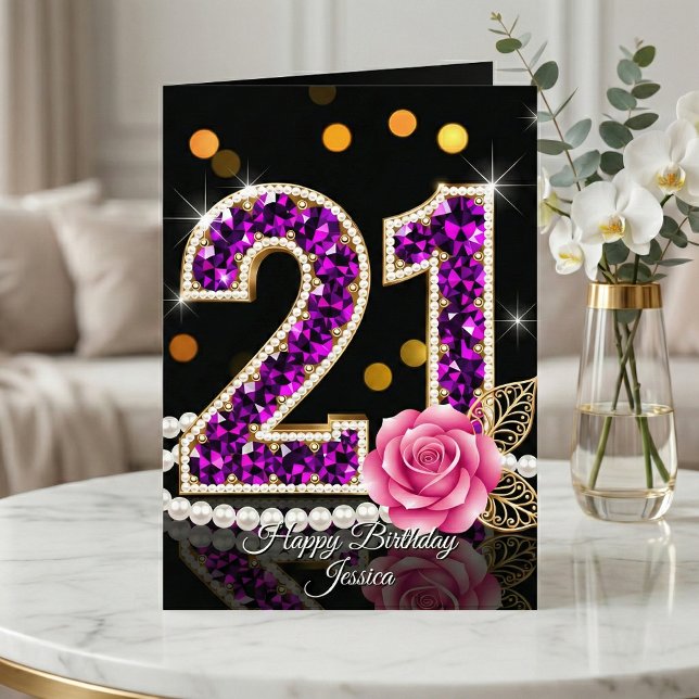 Cartão Elegant Purple Diamond Pearl Rose 21st Birthday (Criador carregado)