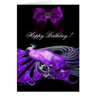 CARTÃO ELEGANT PURPLE PEACOCK,GEM STONE AND BOW BIRTHDAY