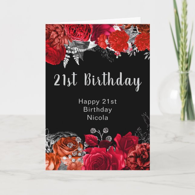 Cartão Elegant Red and Silver Flowers Birthday (Frente)