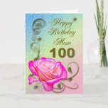 Cartão Elegant rose 100th birthday card for Mom<br><div class="desc">An elegant pink rose on a golden scroll work background. A beautiful card that will be sure to please your mother on her 100th birthday.</div>