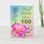 Cartão Elegant rose 100th birthday card for Sister<br><div class="desc">An elegant pink rose on a golden scroll work background. A beautiful card that will be sure to please your sister.</div>