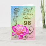 Cartão Elegant rose 100th birthday card for Sister<br><div class="desc">An elegant pink rose on a golden scroll work background. A beautiful card that will be sure to please your sister on her 96th birthday.</div>