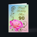 Cartão Elegant rose 90th birthday card for Mom<br><div class="desc">An elegant pink rose on a golden scroll work background. A beautiful card that will be sure to please your mother on her 90th birthday.</div>