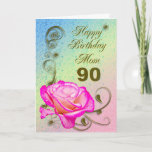 Cartão Elegant rose 90th birthday card for Mom<br><div class="desc">An elegant pink rose on a golden scroll work background. A beautiful card that will be sure to please your mother on her 90th birthday.</div>