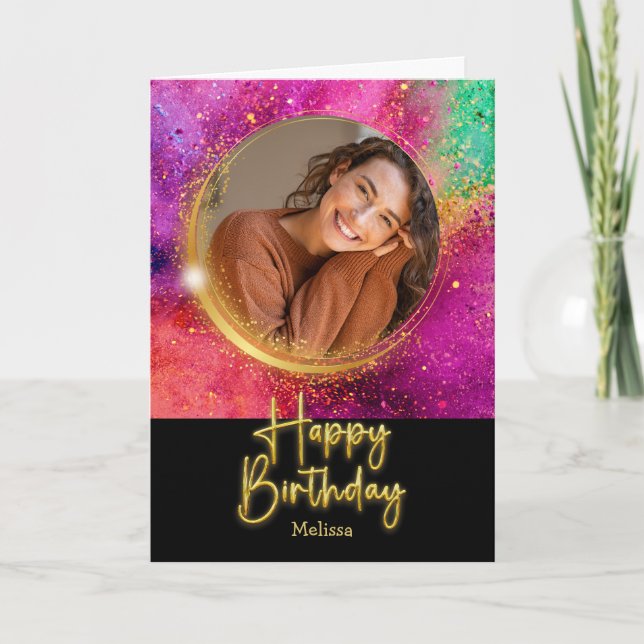 Cartão Elegant Script Colorful Glitter Photo Birthday (Frente)