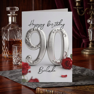 Cartão Elegant Silver Red Rose Milestone 90th Birthday