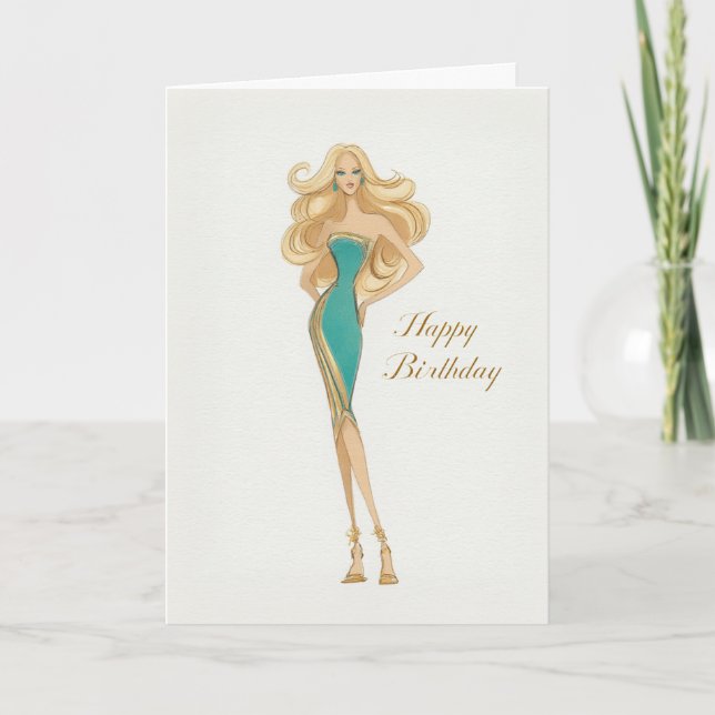 Cartão Elegant Stylish Woman in Teal Dress Birthday (Frente)
