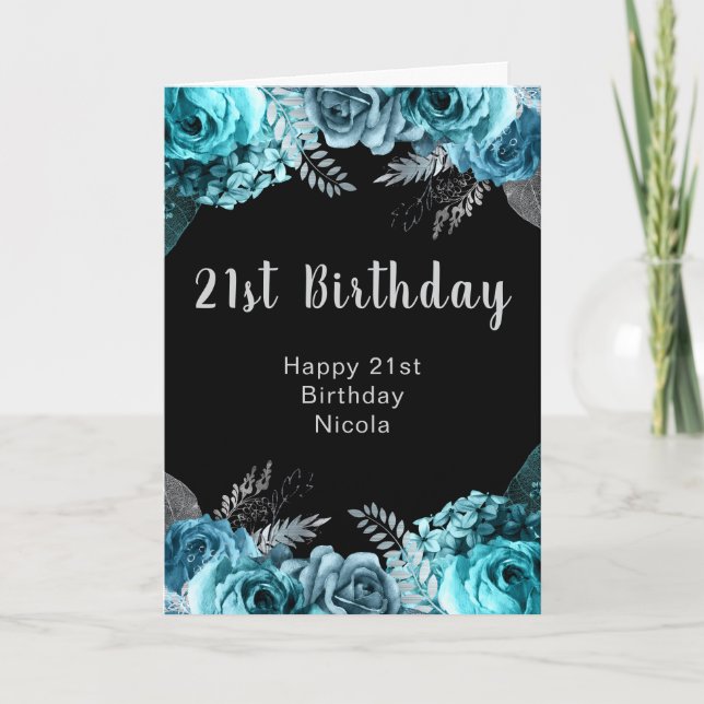 Cartão Elegant Teal Blue and Silver Flower Birthday Party (Frente)